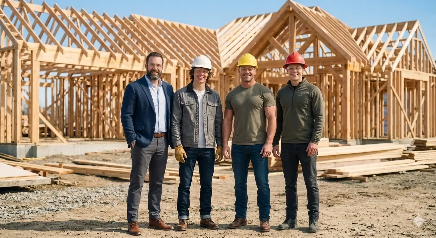 Photography concept showing a custom home builder and team at an active residential framing site